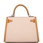 Hermes Sesame Toile and Swift Sellier Kelly 28cm Palladium Hardware, Kelly Sellier 28 showing rolled handle an