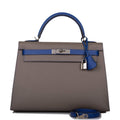 Hermes Kelly 32 Bi-Color Etain Bleu Electric, front view