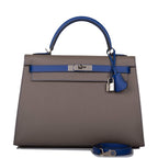 Hermes Kelly 32 Bi-Color Etain Bleu Electric, front view