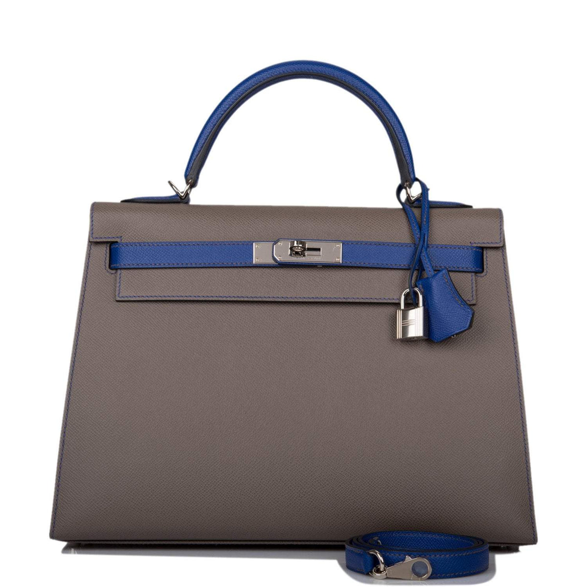 Hermes Kelly 32 Bi-Color Etain Bleu Electric, front view