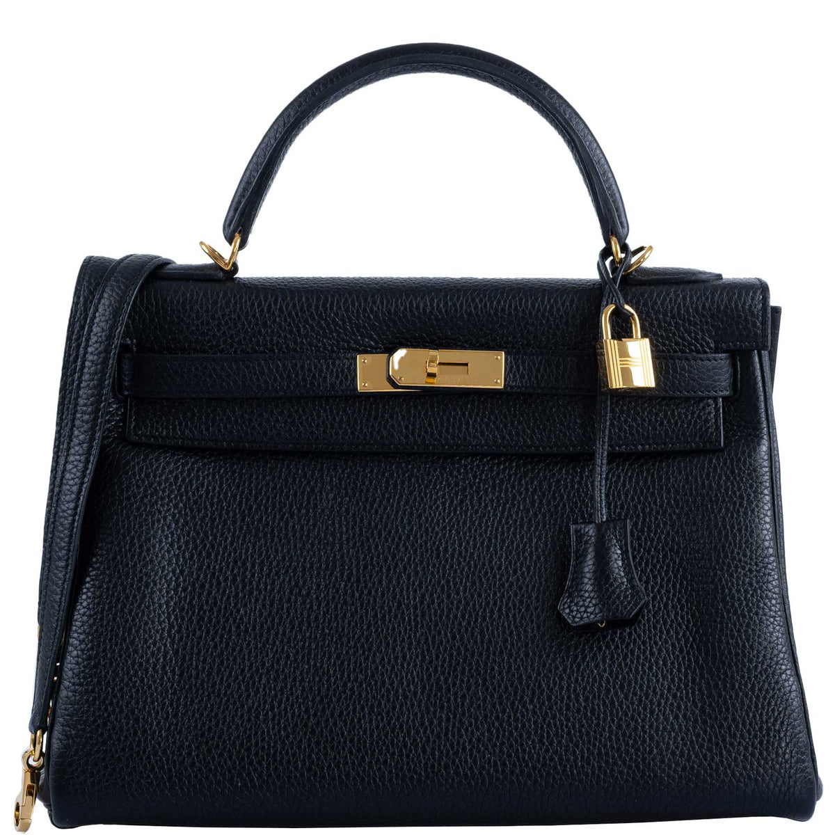 Hermes Kelly 32 handbag in Black Togo leather with gold hardware.