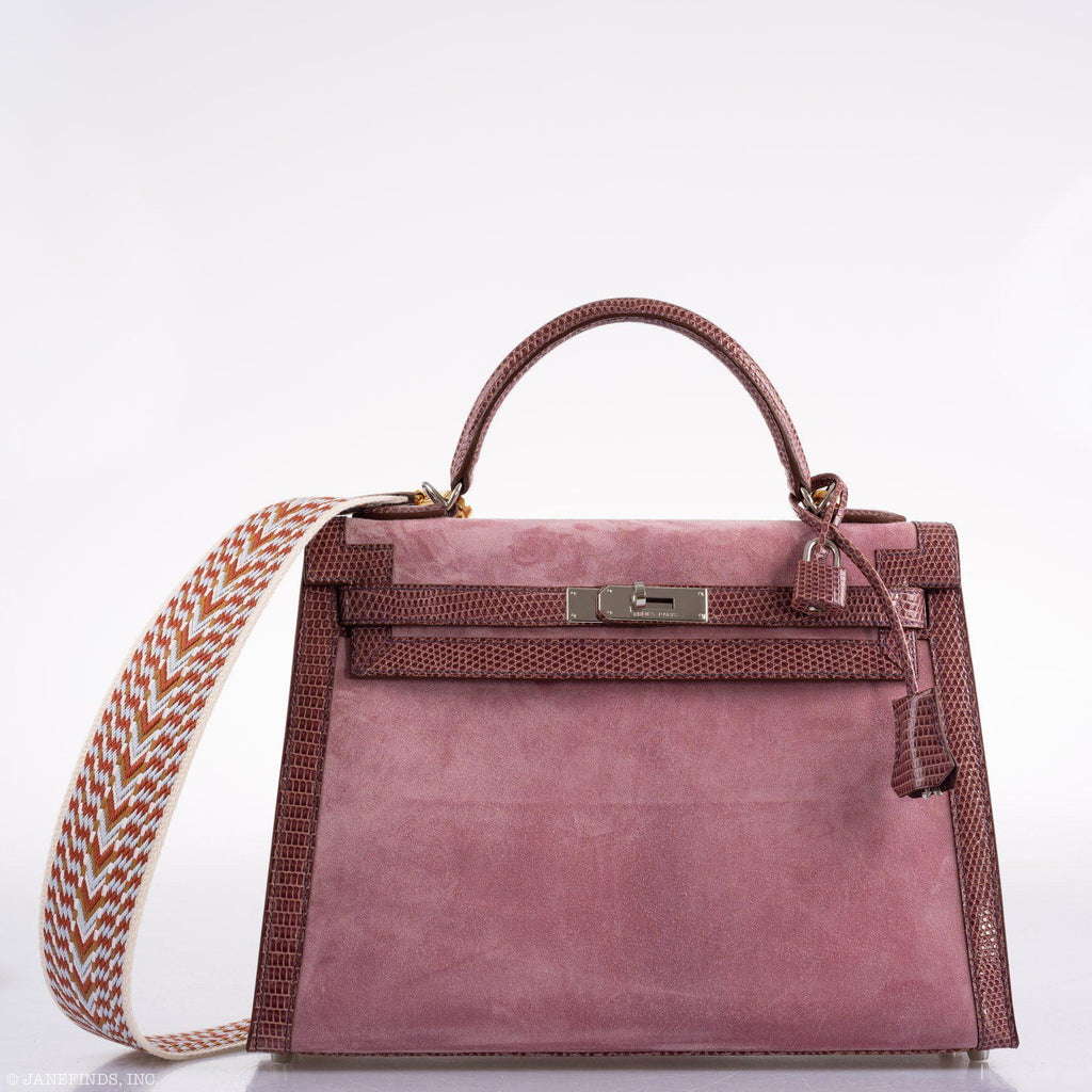 Hermes Unique HSS Kelly 32 Sellier Rose Indienne Doblis Suede & Mauve Lizard with Palladium Hardware - 2012, N Square - product image 10
