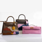 Full view of the Hermes Kelly Cut Pochette, showing its vibrant color and exotic texture
