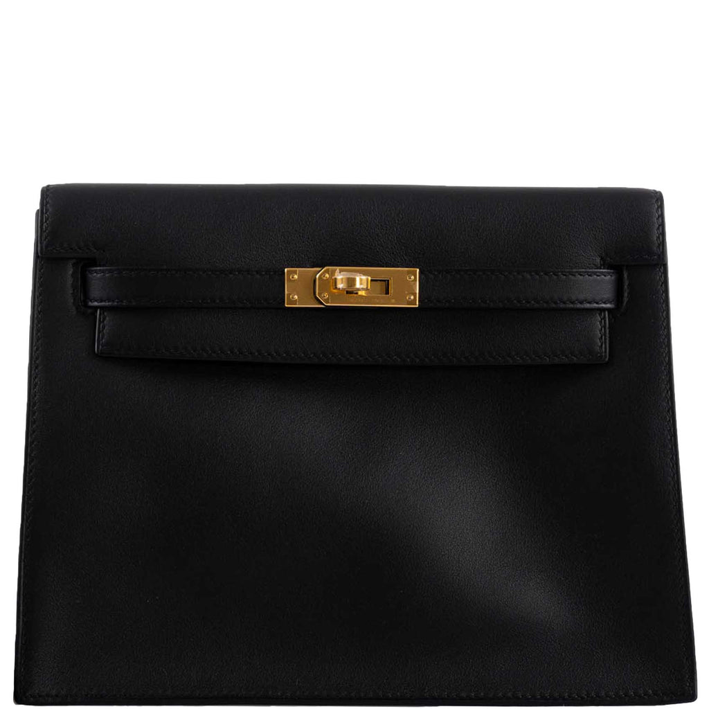 Front view of the Hermes Kelly Danse II in Black Swift leather with gold hardware