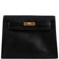 Front view of the Hermes Kelly Danse II in Black Swift leather with gold hardware