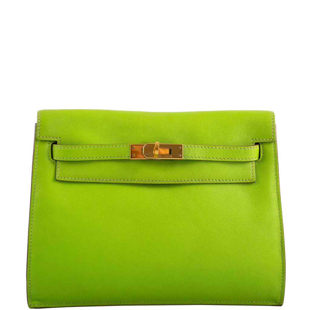 Hermes Kelly Danse II Vert Cru Swift with Gold Hardware, gold hardware and handle on Kelly Danse II in Vert Cr