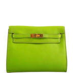 Hermes Kelly Danse II Vert Cru Swift with Gold Hardware, gold hardware and handle on Kelly Danse II in Vert Cr