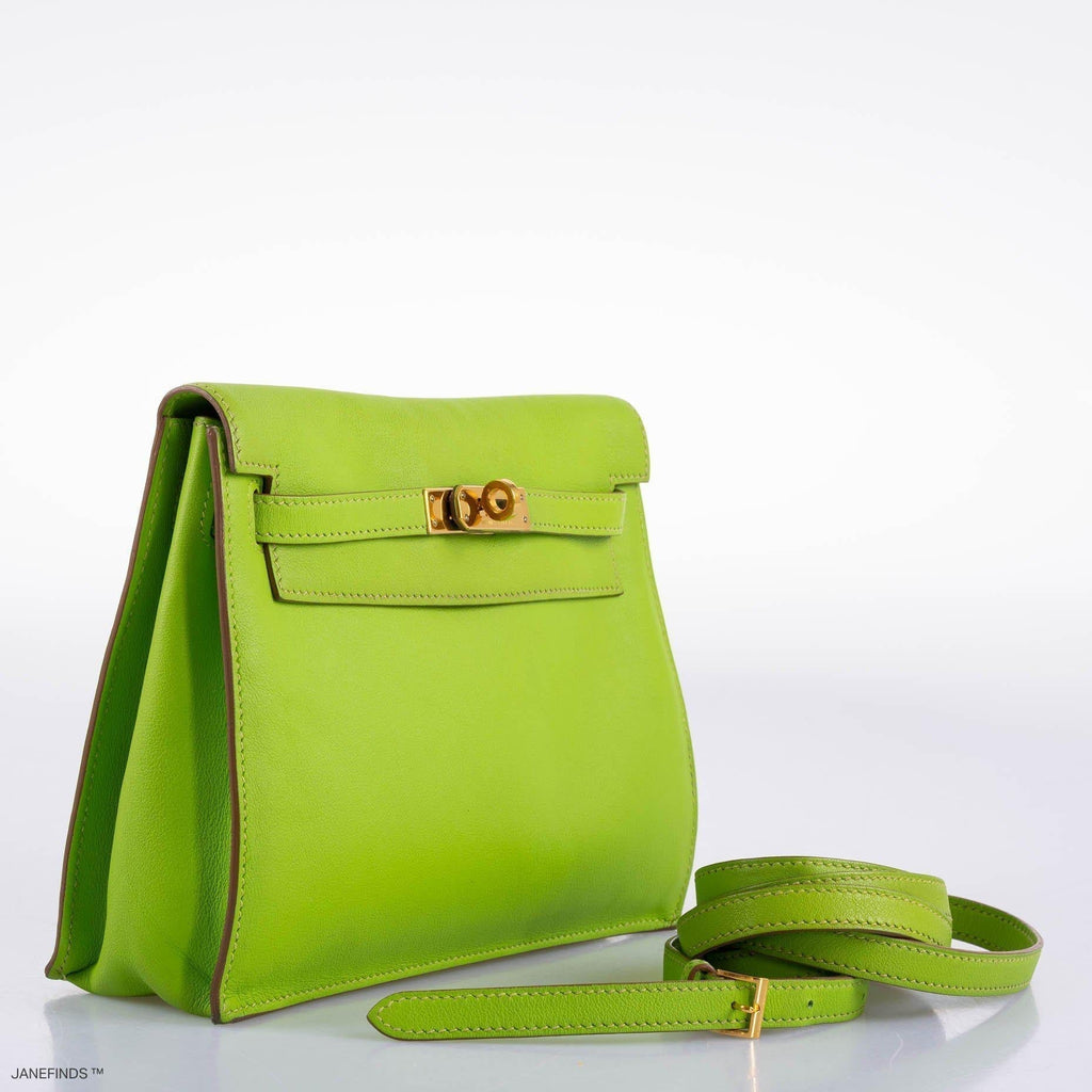 Hermes Kelly Danse II Vert Cru Swift with Gold Hardware, Kelly Danse II apple green Swift leather bag.
