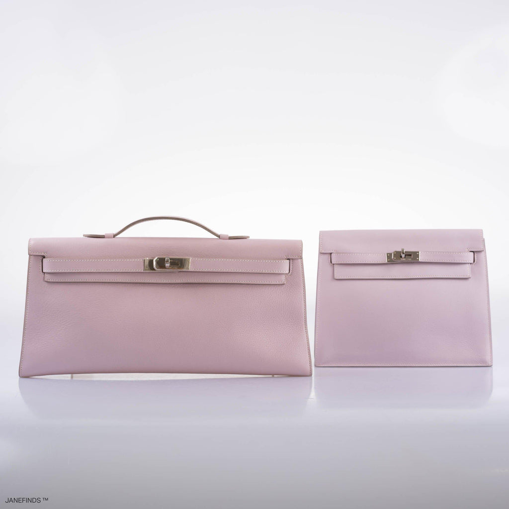 Close-up of handle and palladium hardware on Hermes Kelly Longue Rose Dragee.