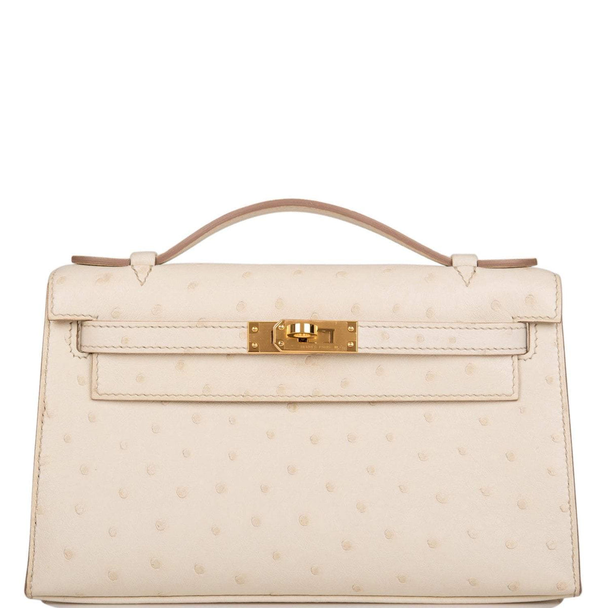 Hermes Kelly Pochette Beton Ostrich Gold Hardware - front view