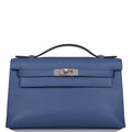 Hermes Kelly Pochette Blue Brighton Swift Palladium Hardware - front view