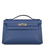 Hermes Kelly Pochette Blue Brighton Swift Palladium Hardware - front view