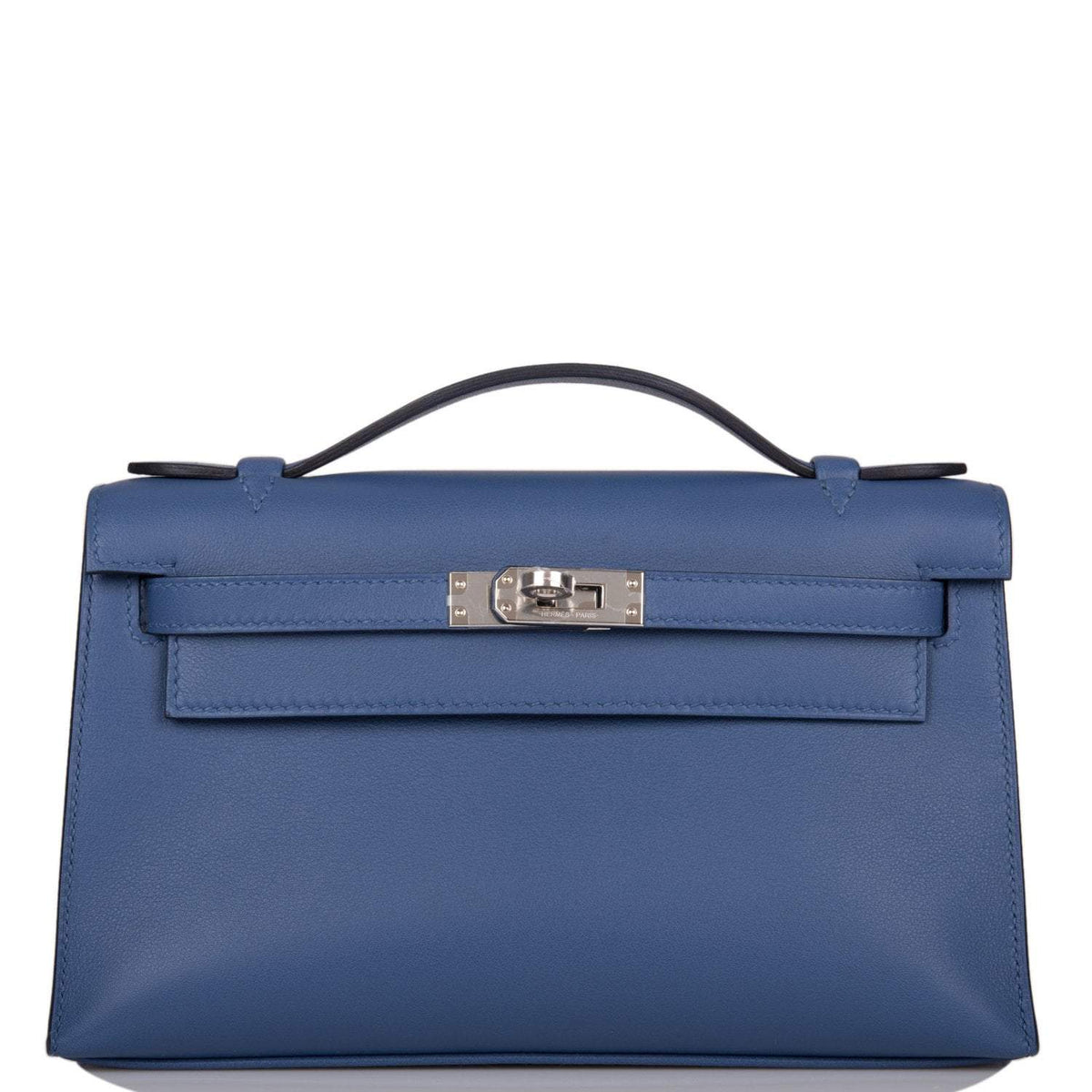 Hermes Kelly Pochette Blue Brighton Swift Palladium Hardware - front view