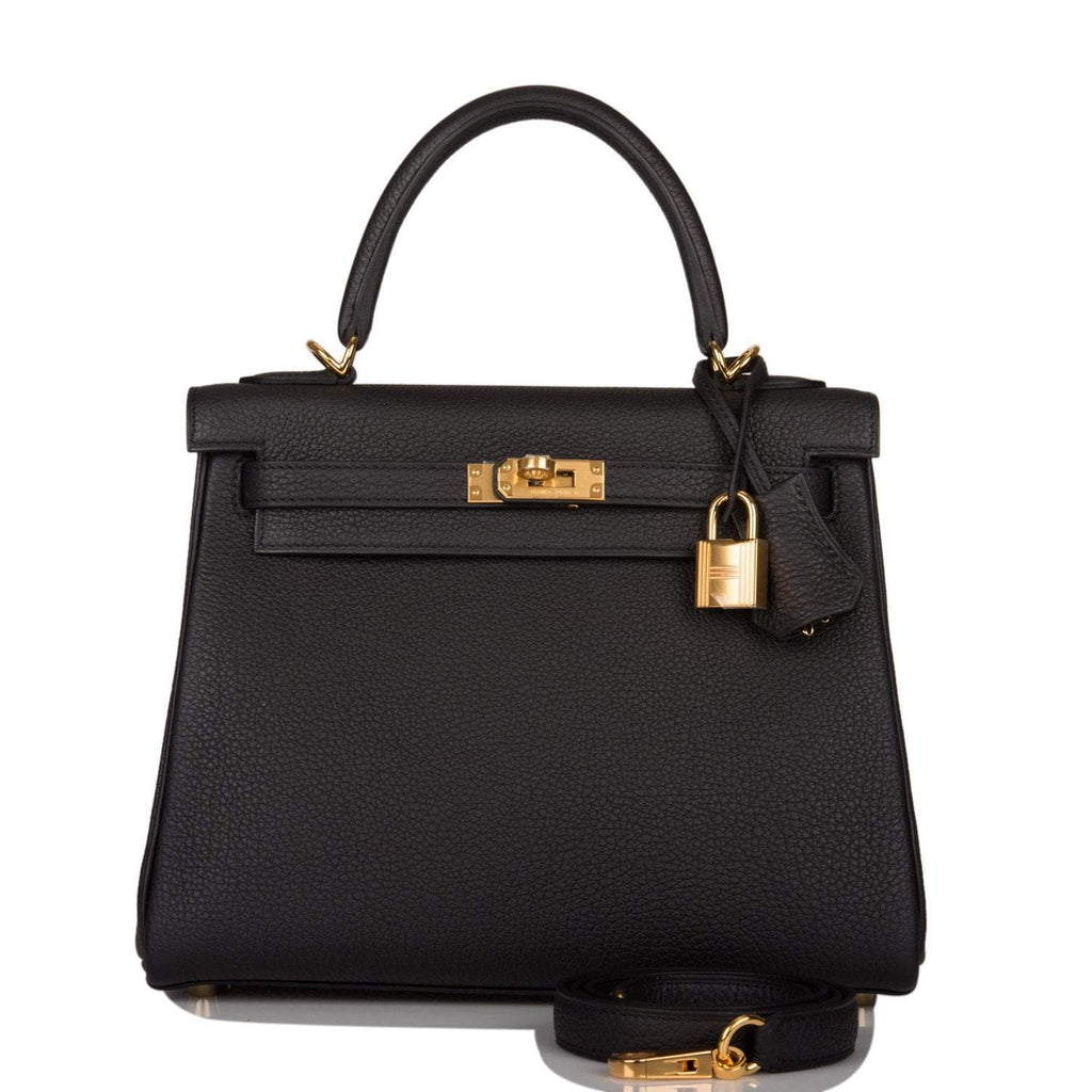 Front view of the Hermes Kelly Retourne 25 in Black Togo leather