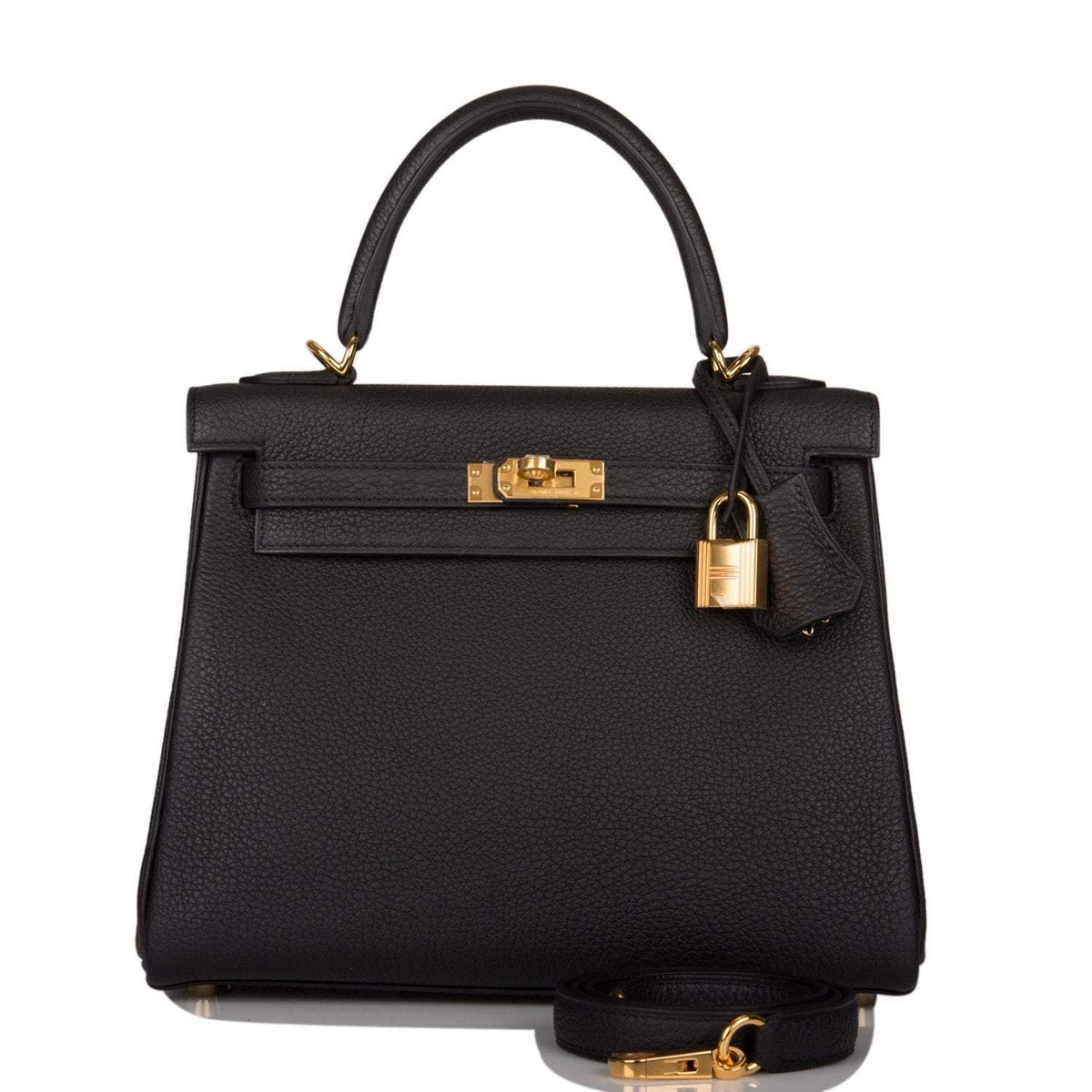 Front view of the Hermes Kelly Retourne 25 in Black Togo leather