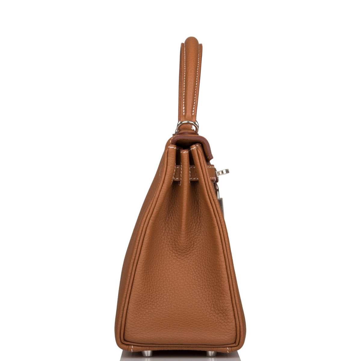Side profile of the Hermes Kelly Retourne 25, highlighting its soft shape.


