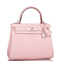 Front view of the Hermes Kelly Retourne 25 in Rose Sakura Swift leather
