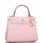 Front view of the Hermes Kelly Retourne 25 in Rose Sakura Swift leather