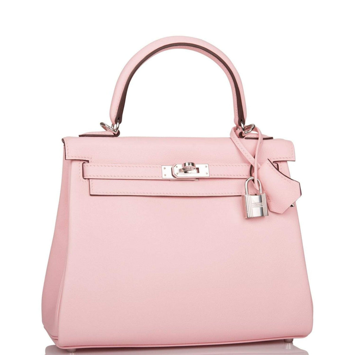 Front view of the Hermes Kelly Retourne 25 in Rose Sakura Swift leather