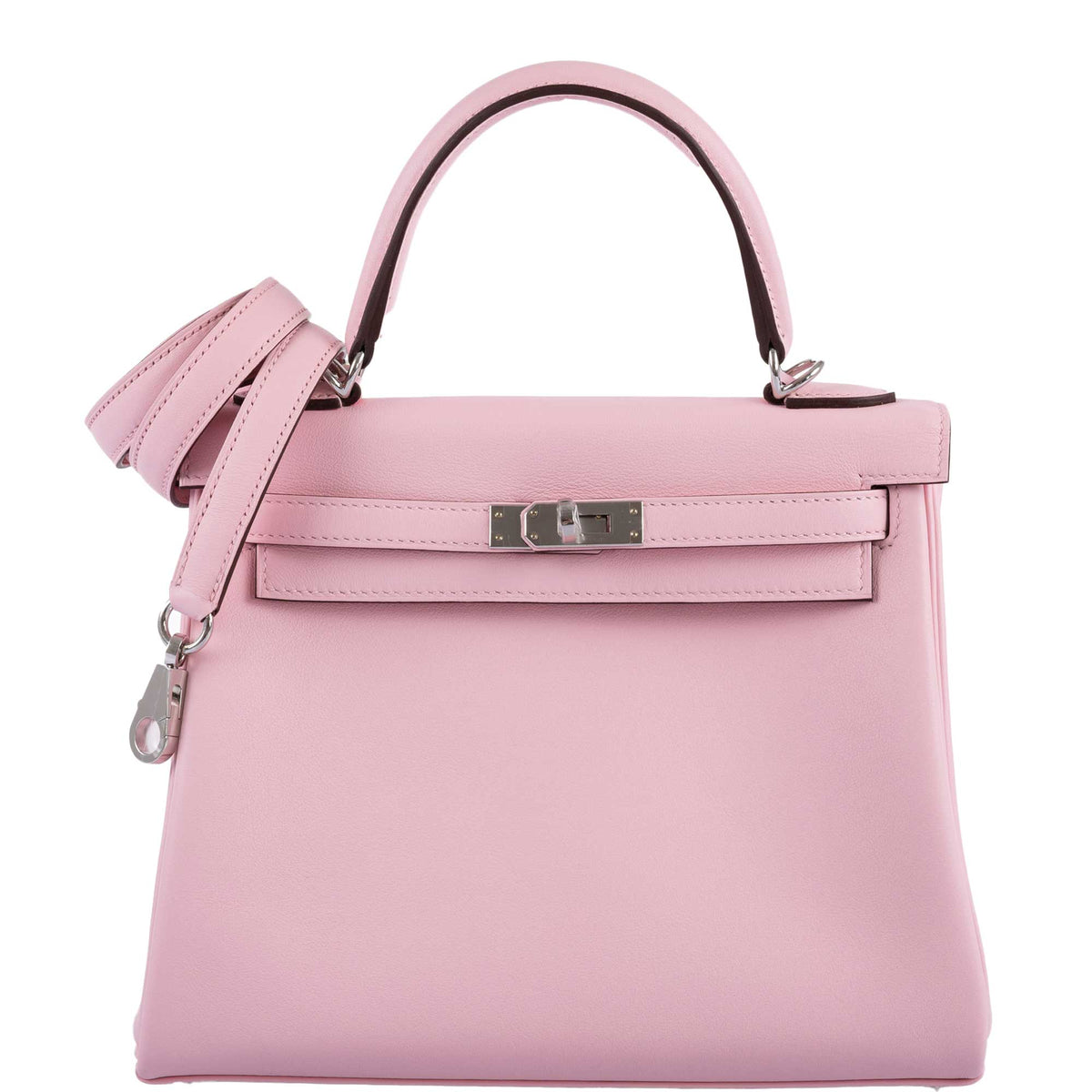 Front view of the Hermes Kelly Retourne 25 in Rose Sakura Swift leather