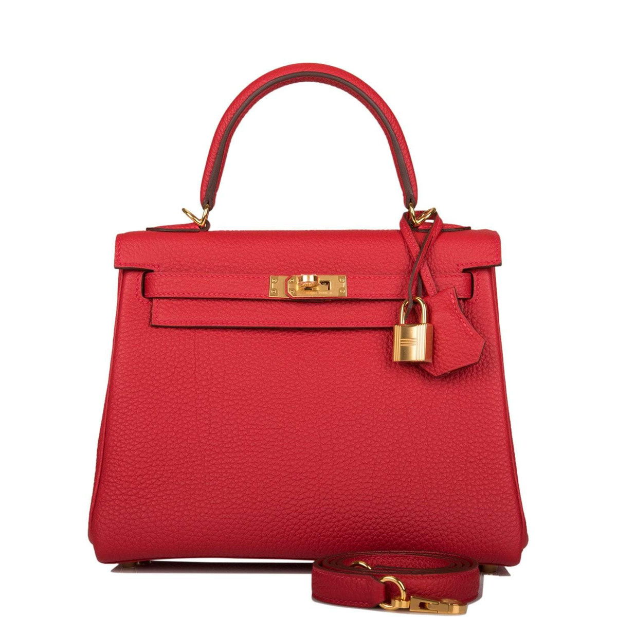 Front view of the Hermes Kelly Retourne 25 in Rouge Casaque Togo leather