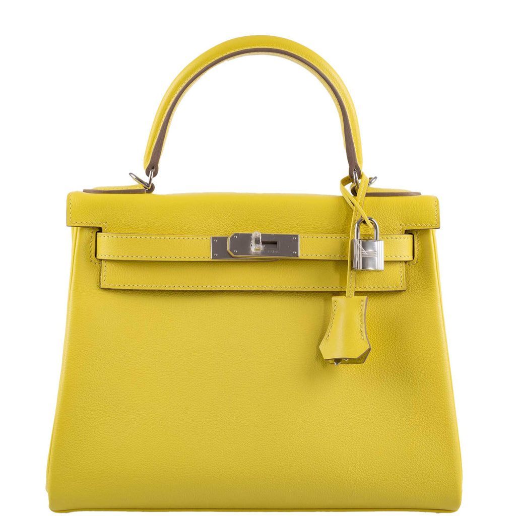Hermes Kelly 28 Retourne Lime Evercolor leather Palladium Hardware - front view