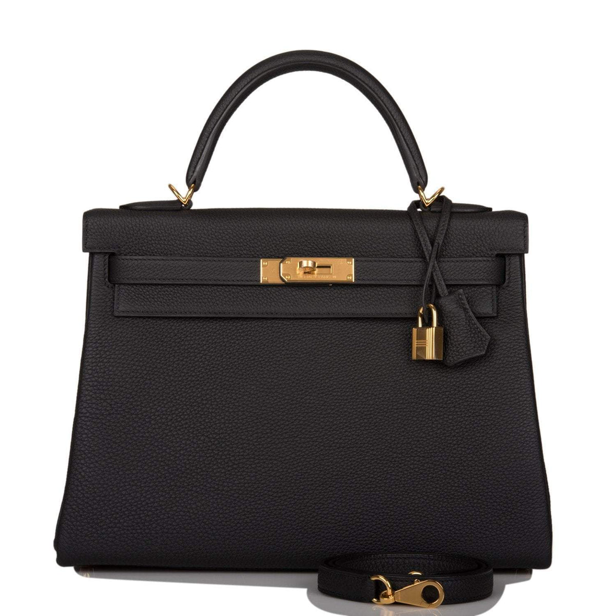 Front view of the Hermes Kelly Retourne 32 in Black Togo leather