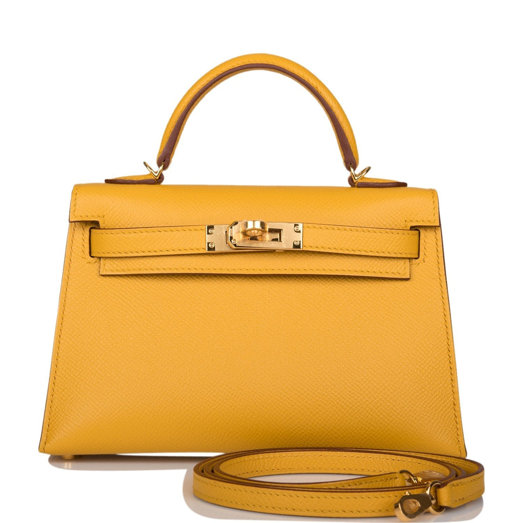 Front view of the Hermes Kelly Sellier 20 in Jaune Ambre Epsom leather