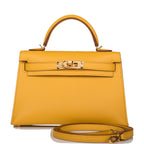 Front view of the Hermes Kelly Sellier 20 in Jaune Ambre Epsom leather