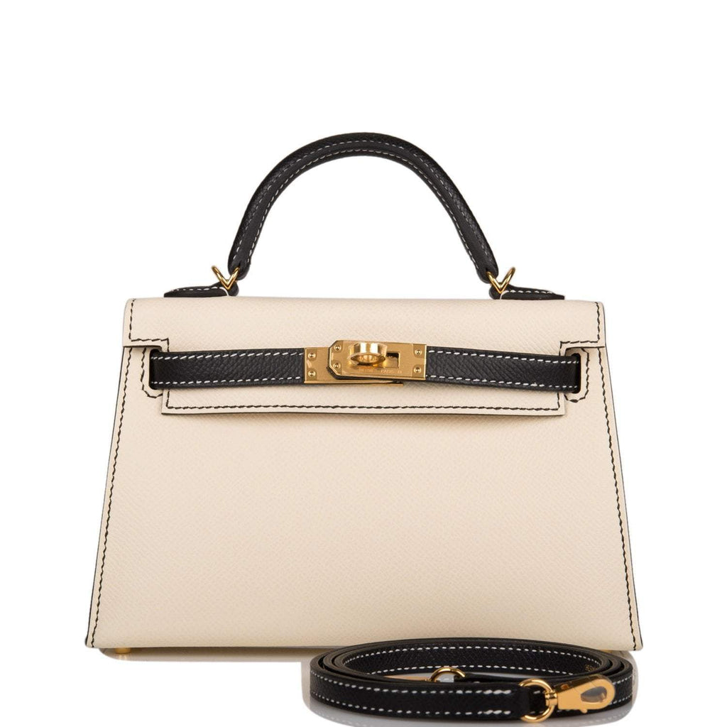 Front view of the Hermes Kelly Sellier 20 in Nata and Black Epsom leather