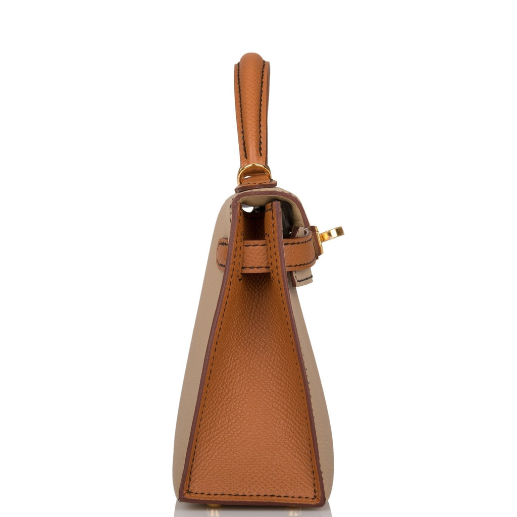A detailed shot of the contrast stitching on the dual-tone Trench and Gold Epsom leather