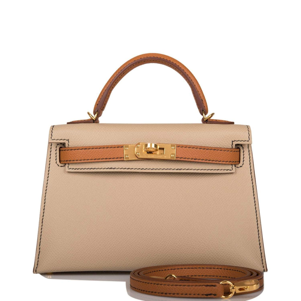 Front view of the Hermes Kelly Sellier 20 in Trench and Gold Epsom leather