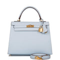 Front view of the Hermes Kelly Sellier 25 in Bleu Brume Epsom leather