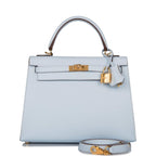 Front view of the Hermes Kelly Sellier 25 in Bleu Brume Epsom leather