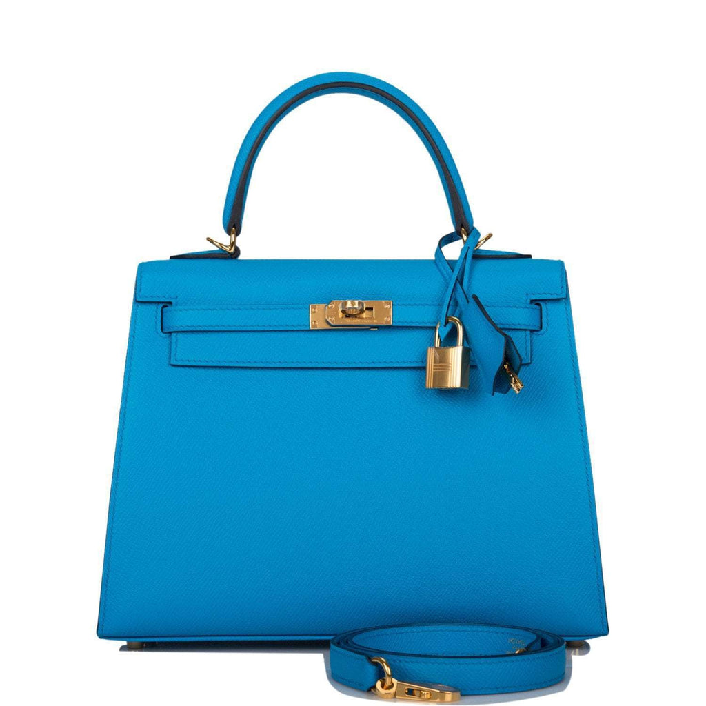 Front view of the Hermes Kelly Sellier 25 in Bleu Frida Epsom leather