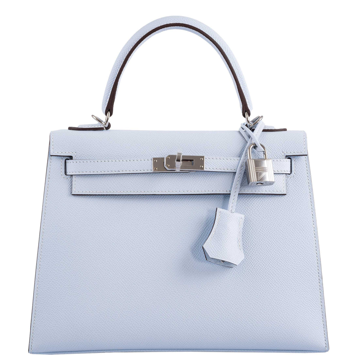 Front view of the Hermes Kelly Sellier 25 in Blue Brume Epsom leather