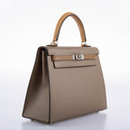 Side profile of the Hermes Kelly Sellier 25, highlighting its structured shape and colors