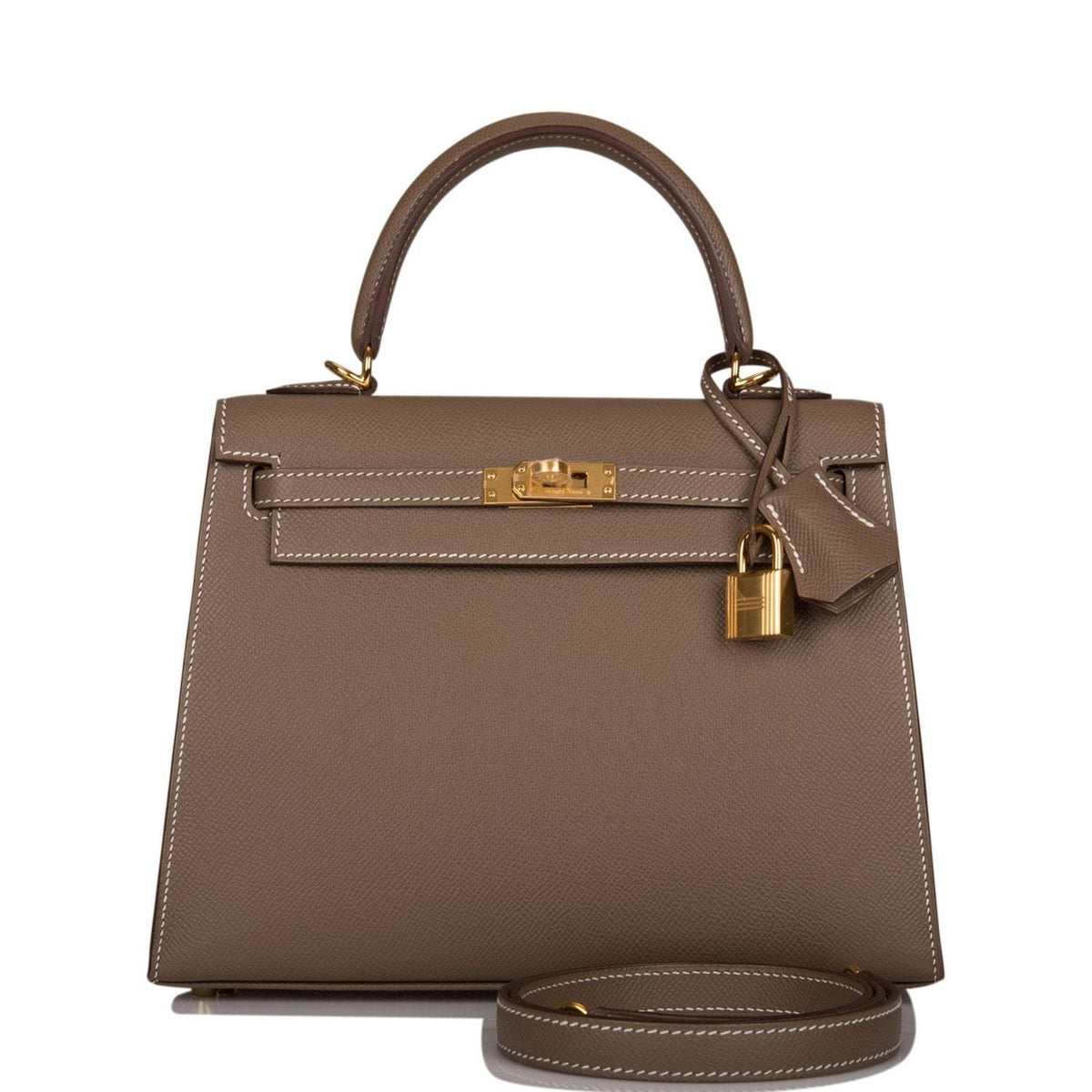 Front view of the Hermes Kelly Sellier 25 in Etoupe Epsom leather