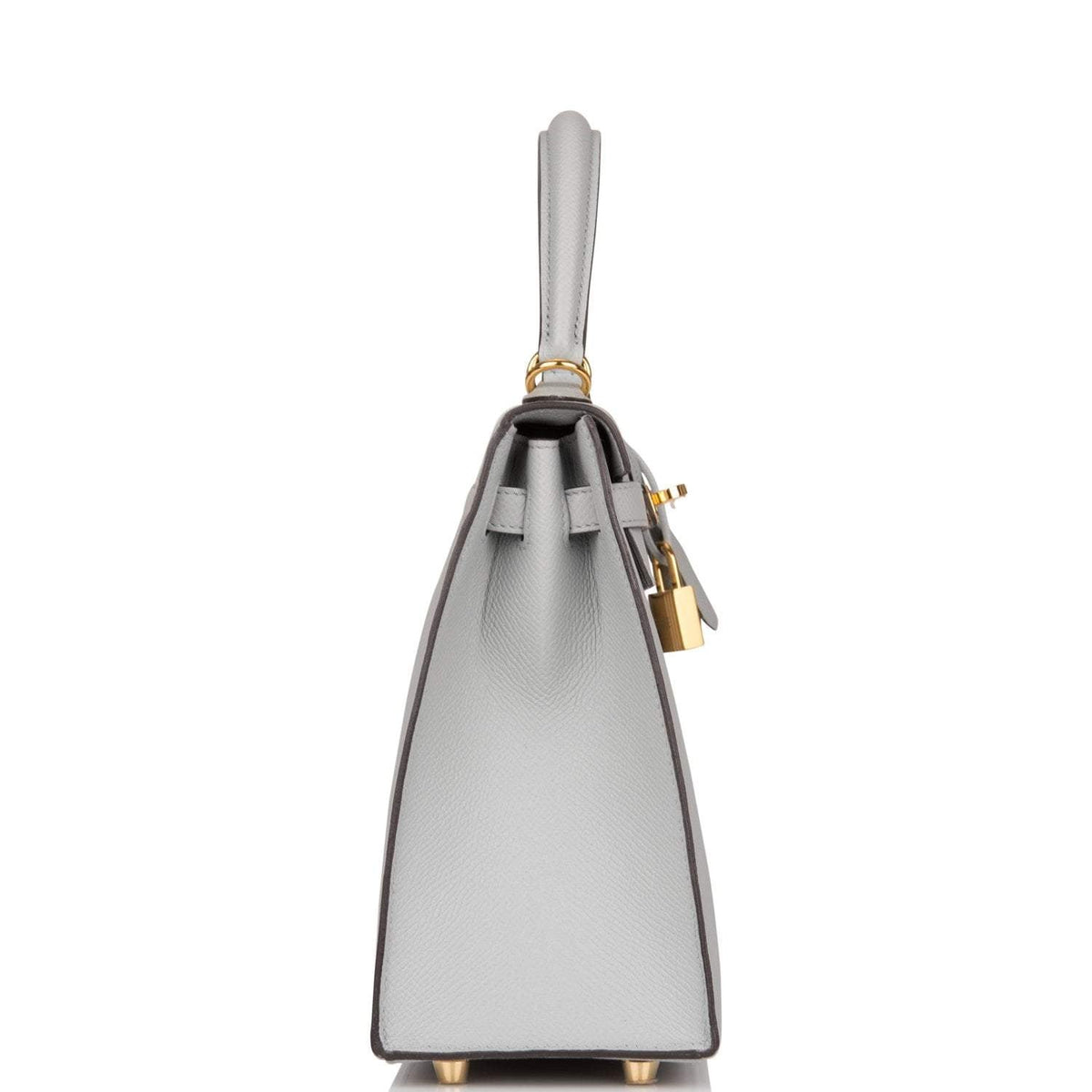 Top handle detail of Hermes Kelly Sellier 25 in Bleu Glacier