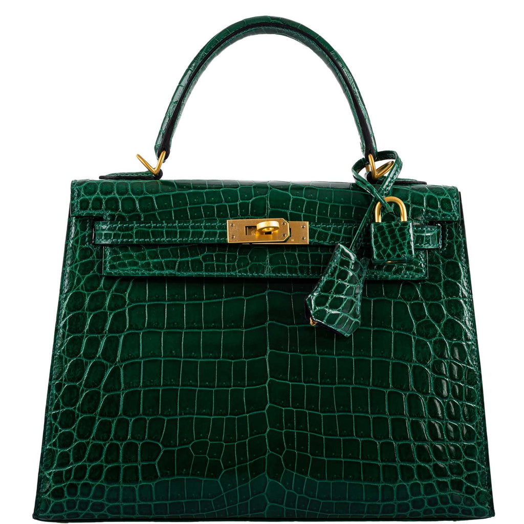 Hermes Kelly 25 HSS Sellier Emerald Nilo Crocodile & Cassis Brushed Gold Hardware - 2018, C - front view