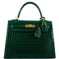 Hermes Kelly 25 HSS Sellier Emerald Nilo Crocodile & Cassis Brushed Gold Hardware - 2018, C - front view