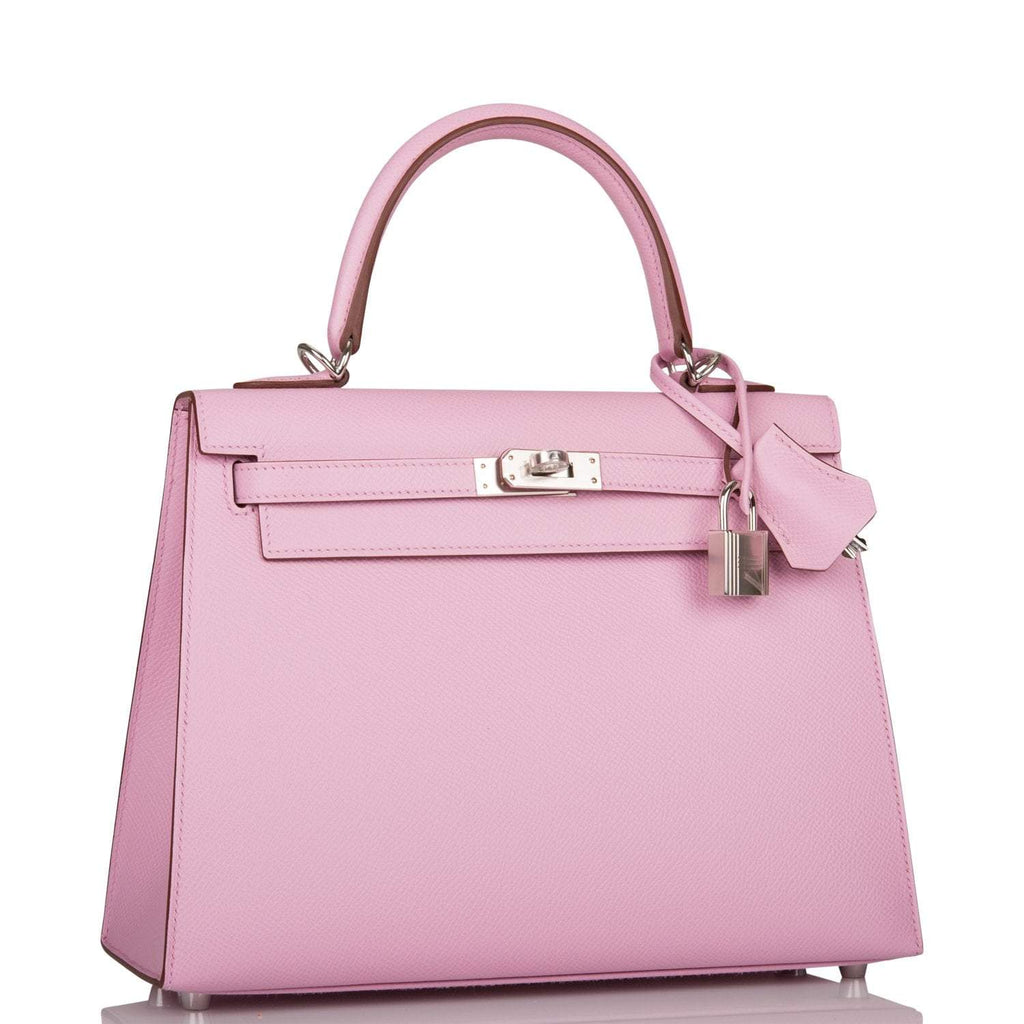 Front view of the Hermes Kelly Sellier 25 in Mauve Sylvestre Epsom leather