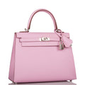 Front view of the Hermes Kelly Sellier 25 in Mauve Sylvestre Epsom leather