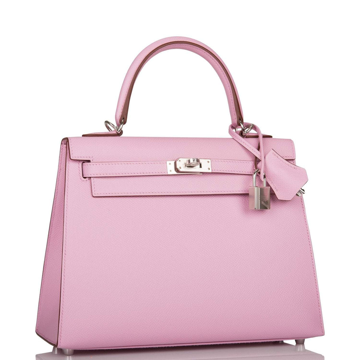 Front view of the Hermes Kelly Sellier 25 in Mauve Sylvestre Epsom leather