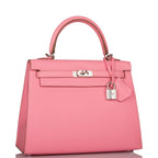 Front view of the Hermes Kelly Sellier 25 in Rose Confetti Epsom leather