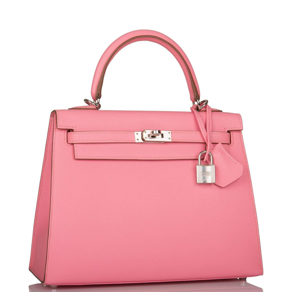 Front view of the Hermes Kelly Sellier 25 in Rose Confetti Epsom leather