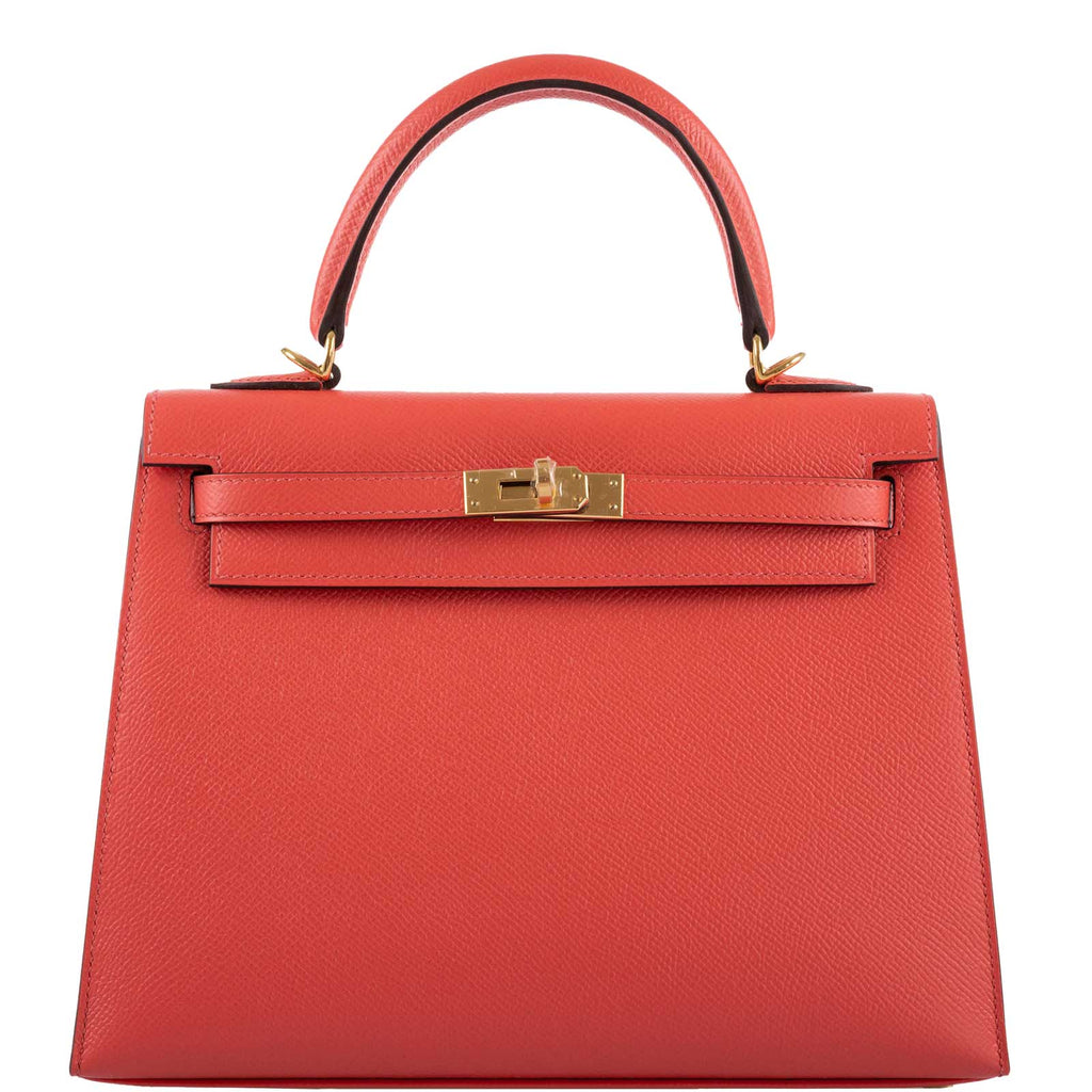 Front view of the Hermes Kelly Sellier 25 in Rose Jaipur Epsom leather