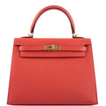 Front view of the Hermes Kelly Sellier 25 in Rose Jaipur Epsom leather