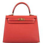 Front view of the Hermes Kelly Sellier 25 in Rose Jaipur Epsom leather