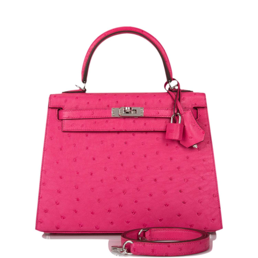 Front view of the Hermes Kelly Sellier 25 in Rose Tyrien Ostrich leather